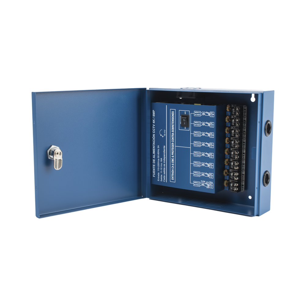 Fuente de Poder Profesional HEAVY DUTY @ 16 Amperes / 8 Canales / Hasta 2A por Salida / Ajuste independiente de 11 a 15 Vcc por Salida / Protección Contra Sobrecargas / Filtro de Ruido Especial para Cámaras 4K.