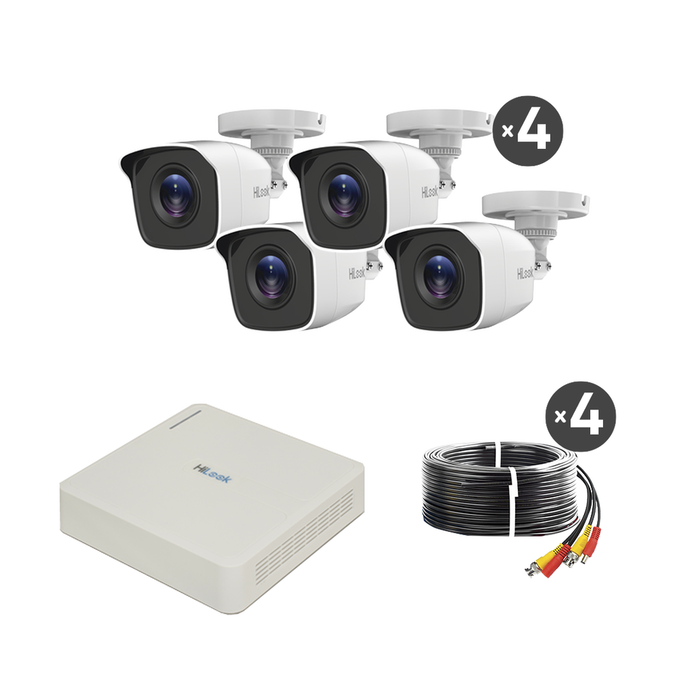 KIT TurboHD 720p / DVR 4 canales / 4 Cámaras Bala de Policarbonato / 4 Cables 18 Mts / 1 Fuente de Poder Profesional